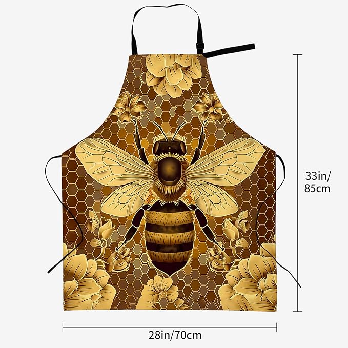 Bee and Floral Apron for Women, 28x33in, Kitchen Chef Aprons with 2 Pockets, Polyester, Golden Flower Apron for Cooking BBQ Baking Gardening Chef, Gifts for Mom Wife Dad