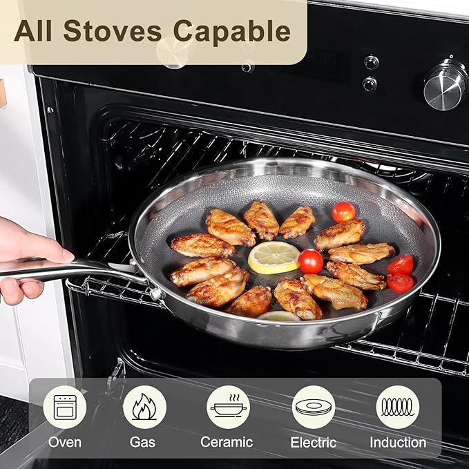 GiPP Tri-Ply Stainless Steel Frying Pan, 12 inch Hybrid Frying Pans Nonstick Skillets, Dishwasher and Oven-Safe, Induction Ready, Compatible with All Cook tops, PFOS/PFOA Free