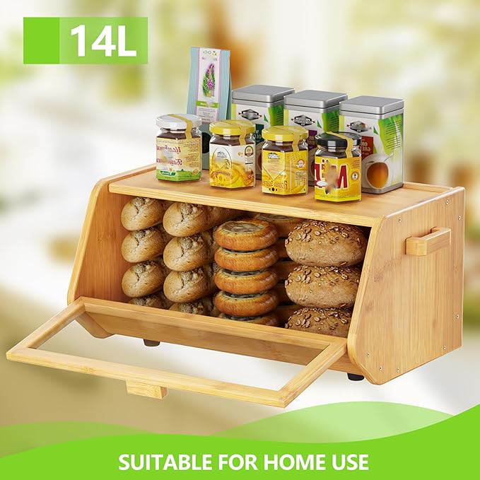 AMBIRD Bamboo Bread Box keep The Bread Fresh For Kitchen Counter-Large Capacity Wooden Bread Storage Container Farmhouse Bread Box with Window Bread Holder