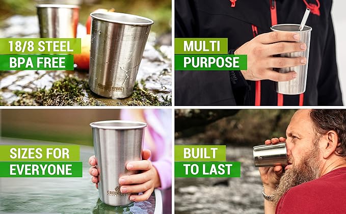 Greens Steel #1 Premium Stainless Steel Cup, 475 ml Pint Cups (4 Pack) Premium Metal Cups - Stackable Durable Cup