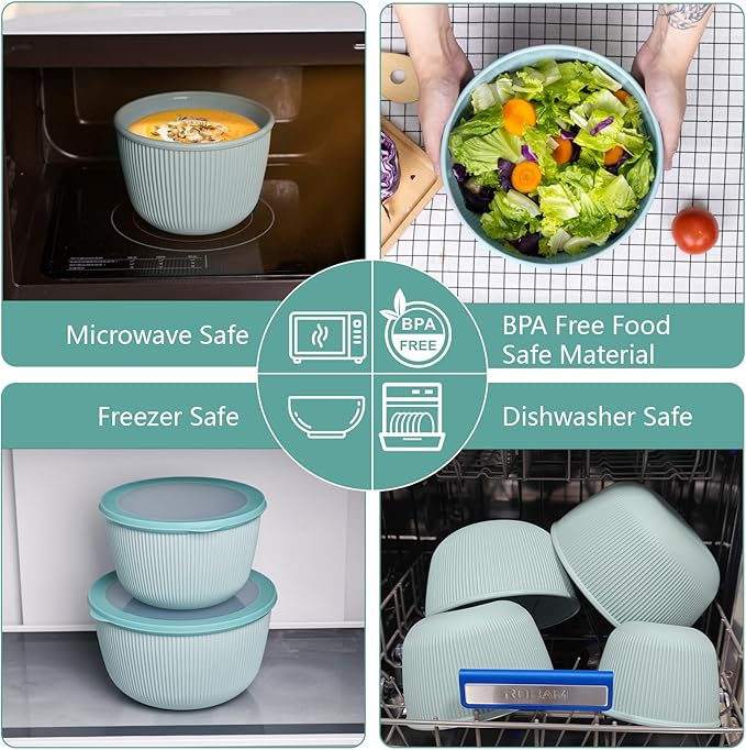 BoxedHome Mixing Bowls with Lids - 8 Piece Plastic Nesting Bowls Set includes 4 Prep Bowls and 4 Lids, Microwave and Dishwasher Safe, Green