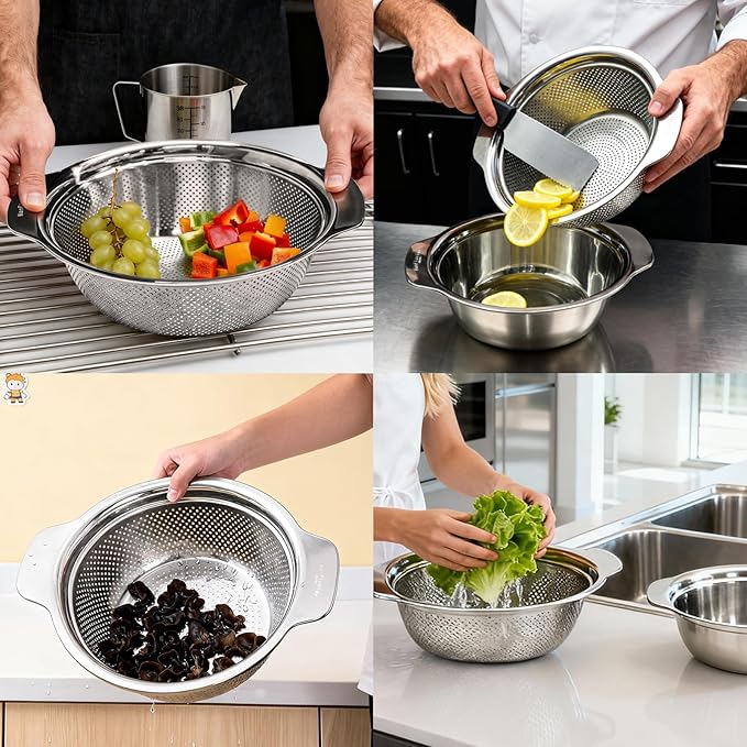 2PCS 3.5-Quart Kitchen Strainer Colander Made of 304 Stainless Steel with Handle Ideal for washing fruits, vegetables, and pasta Easy to clean