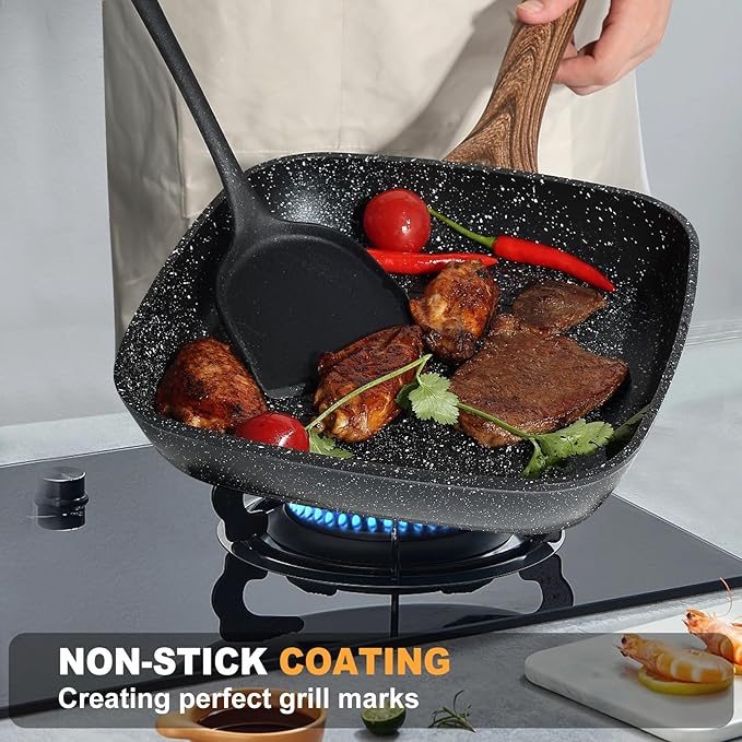 3 Pieces Nonstick Grill Pan Set – Square Griddle Pans with Wooden Handle, Compatible with All Stovetops, Perfect for Steak, BBQ, Vegetables (9.5", 10.2", 11") Deep Black