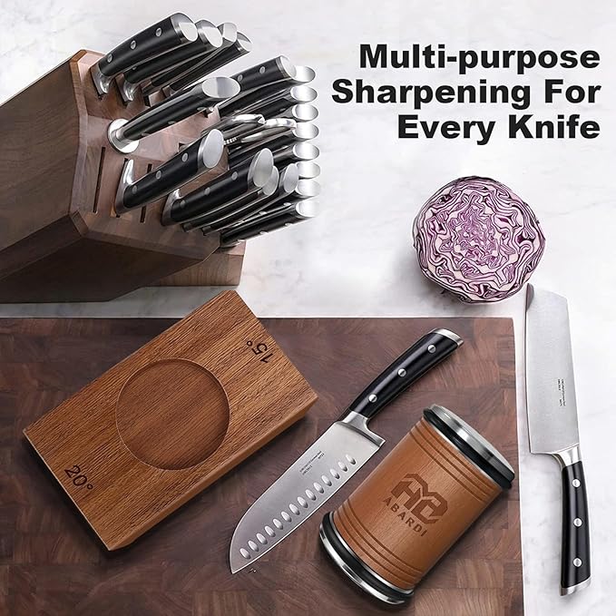 Abardi Rolling Knife Sharpener for Straight Edge, Knife Sharpening with Industry Diamonds Made Easy, Knife Sharpeners Kit with 15 & 20 Degree Magnetic Angle for Kitchen Knives (Walnut)