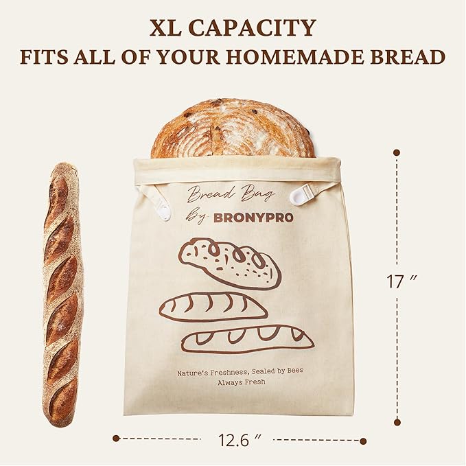 BRONYPRO Beeswax Linen Bread Bags for Sourdough,2 Pack Reusable Waxed Bags for Homemade Bread, Eco-friendly Fresh Sourdough Storage for Gifting, XL Capacity (17x13.5 In, Beige