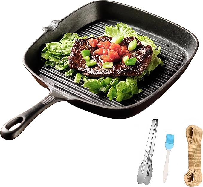 Cast Iron Grill Pan, 9.5 inch Square Grill Pan Skillet with Pour Spout, Cast Iron Griddle Pan with Small Meat Tong, Oil Brush & Hemp Rope for Stove Tops, Gas, Induction, Oven, Grill, Campfire