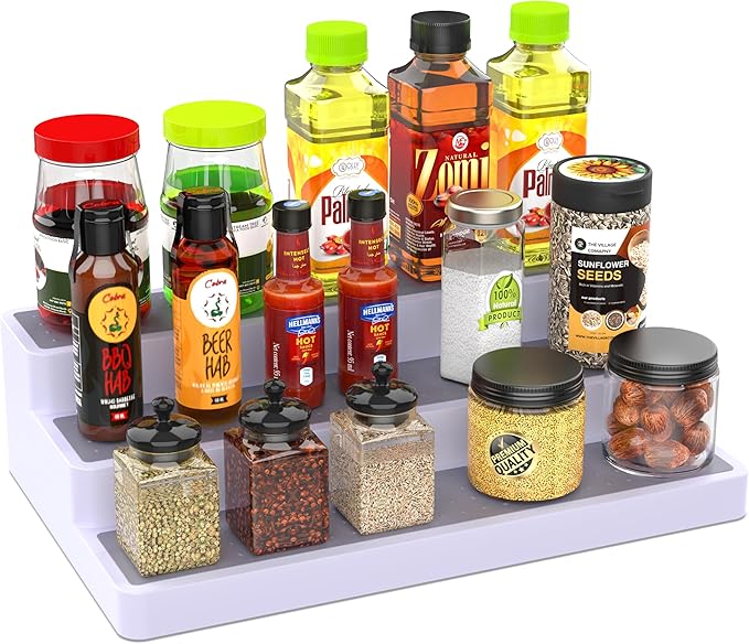YAN & HIN 3pcs/set 3-Tier Spice Rack Organizer for Cabinet with Non-Skid Surface, Seasoning Racks, Cupboard Shelf Organizers, Kitchen Spices Storage & Pantry Organization, 14 x 7 x 2.95 inches