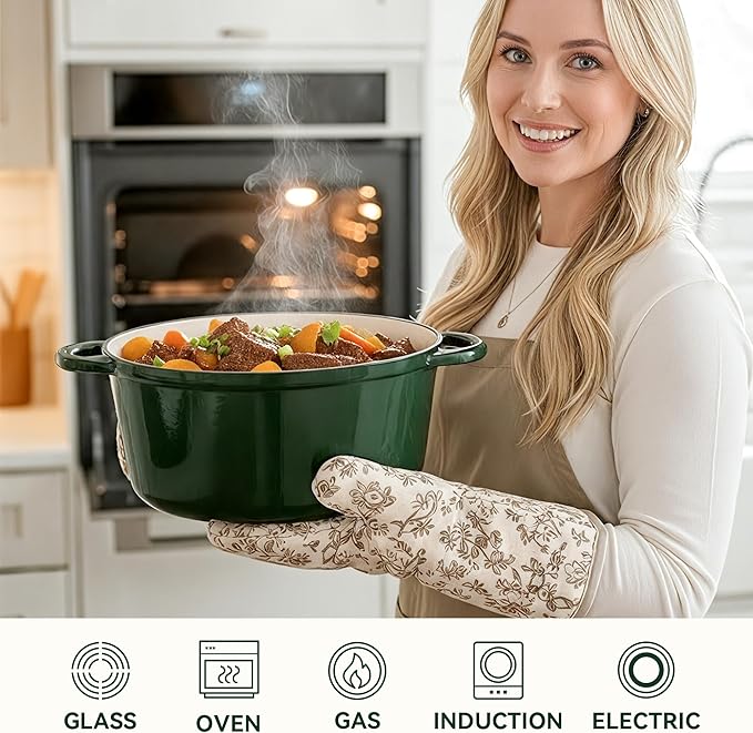 6.5 Quart Dutch Oven Pot with Lid, Non Stick Enameled Cast Iron Dutch Oven for Bread Baking, Heavy-Duty, Oven Safe Ceramic Cookware Up to 500°F for Baking, Braising, Stews, Roasting, Green