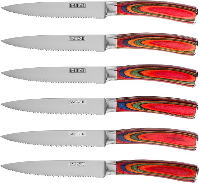 Totally Bamboo Baltique Marrakesh Collection Kitchen Steak Knives Set of 6, 5-Inch Stainless Steel Serrated Knife Set with Colorful Wooden Handles for Cutting Meat