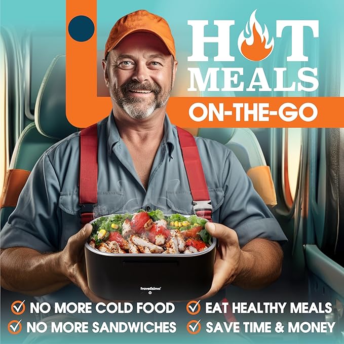 TRAVELISIMO Electric Lunch Box for Adults 80W Heated Lunch Box For Men 1.5L Stainless Steel Portable Food Warmer, 12/24/110V Electric Food Warmers for Travel & Work, Loncheras Para Hombres de Trabajo