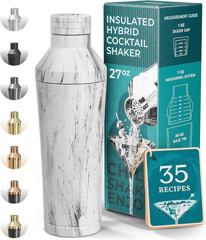 Insulated Cocktail Shaker Set | Double Wall Stainless Steel | Martini Shaker for Home Bar Bartending | Built-in Drink Measurement System & Strainer, Travel Bag, 35 Recipes | Gift Set (Marble)