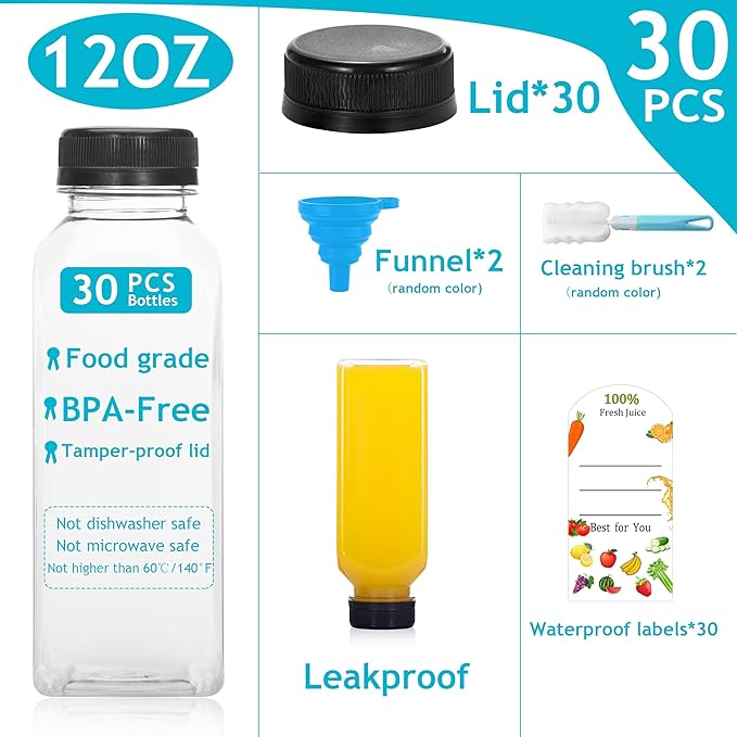 30Pcs 12 Oz Plastic Juice Bottles with Caps,Clear Reusable Water Bottle & Tamper Proof Lids,Juice Containers,Juicing Bottles for Fruit Juice,Smoothies,Coffee - Food Grade & Travel Bottle (30)
