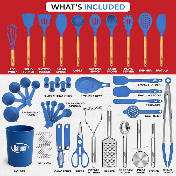 Kaluns 50 PCS Silicone Kitchen Utensils Set Complete Kitchen Set - 800°F Heat Resistant Non-Stick Premium Cooking Utensils W Wooden Handles - Can Opener, Masher, Turner, Silicone Spatula Set
