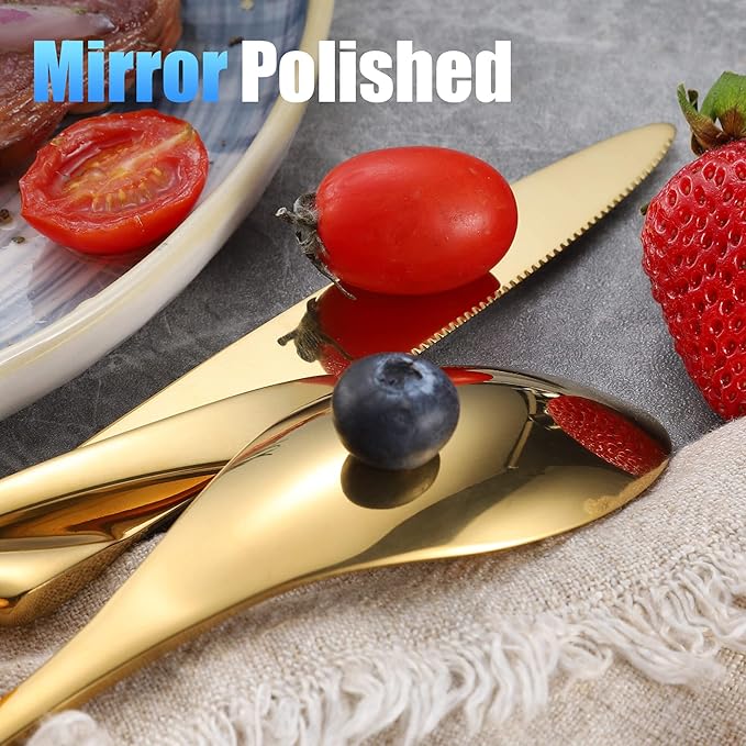 Lemeya 20-Piece Gold Silverware Set for 4,Heavy Duty 18/10 Stainless Steel Cutlery Set with Forged Stand Knife,Modern Flatware Utensils Set,Forks Spoons and Knives Set,Mirror Polished,Dishwasher Safe