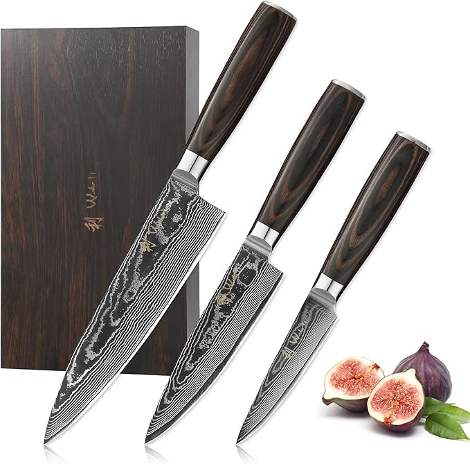 Wakoli EDIB Essentials 3-Piece Damascus Knife Set – Professional Chef's Knives with VG10 Core & 67-Layer Damascus Steel Blades, Ergonomic Pakkawood Handles – Premium Kitchen Knives in Elegant Gift Box