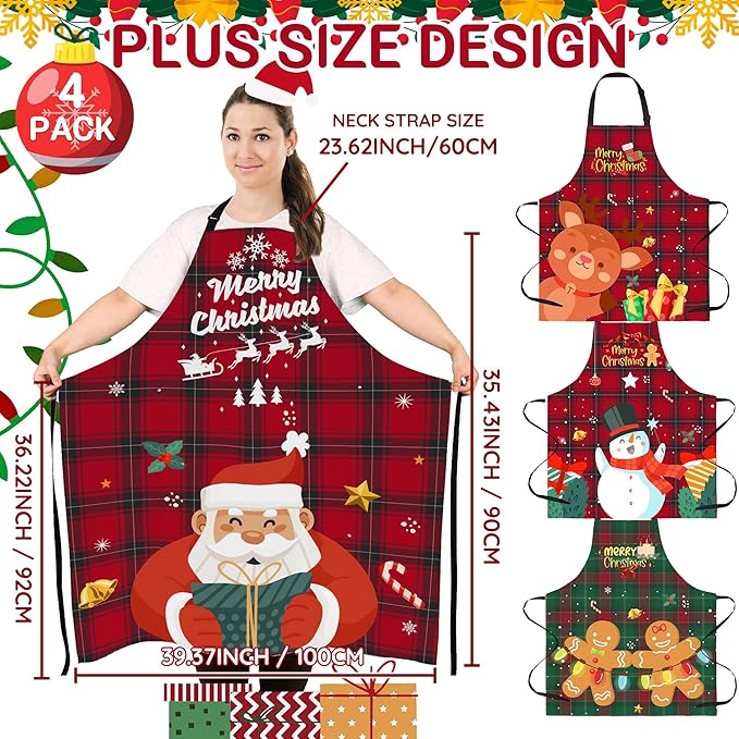 4 Pack Plus Size Funny Christmas Kitchen Aprons for Women Men Adjustable Cooking Chef Aprons Waterproof Bib Aprons Cute Xmas Party Aprons Gift for Bakers Wife Husband Family, Plaid
