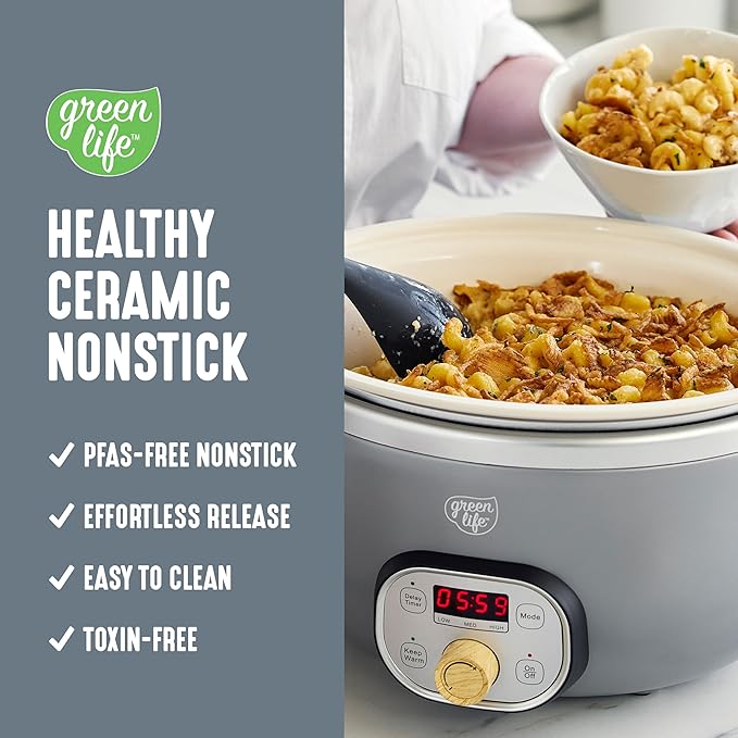 GreenLife 6QT Slow Cooker, Non-Toxic PFAS-Free Ceramic Nonstick Removable Interior Bowl, Programmable, Family Friendly, Keep Warm, Stovetop & Oven Safe, Dishwasher Safe Crock, Timer, Glass Lid, Gray
