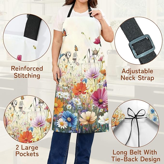 Apron with Pockets for Women, Adjustable Kitchen Cooking BBQ Chef Apron, Gifts for Mom Birthday, or Holidays