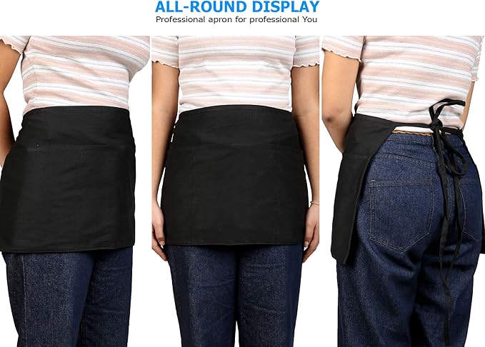RAJRANG Pure Cotton Waitress Apron Half Server Waist Short Aprons with 3 Pockets