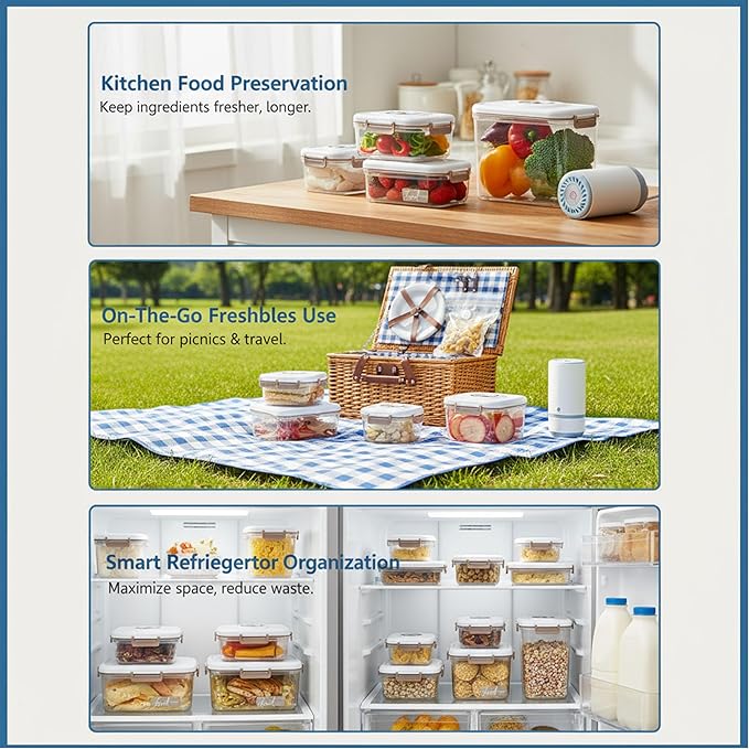 Vacuum Container,Vacuum Seal Containers,4pcs Airtight Food Storage Containers with Lids,8pcs Food Vacuum Bags/ 1pc Automatic Pump, Marinade and Keep Food Fresh with Time Dial, BPA Free(Square)