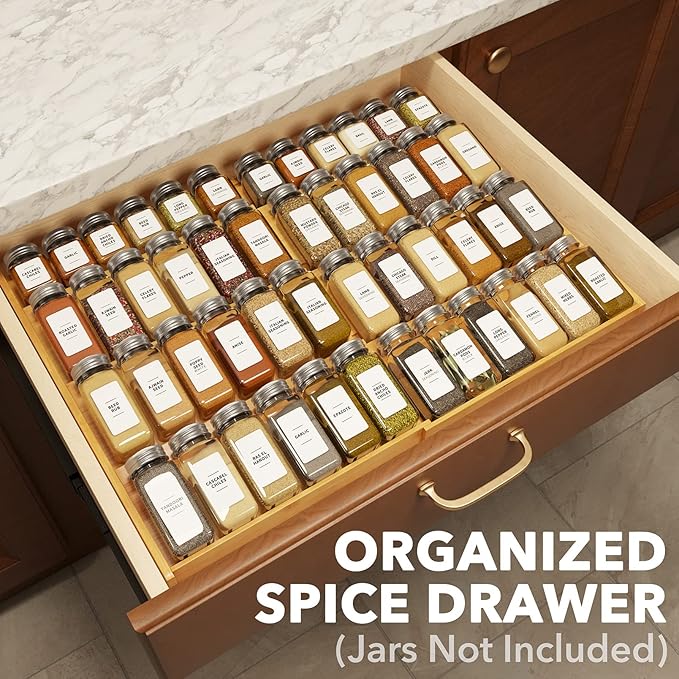 SpaceAid Bamboo Spice Drawer Organizer, (Need 3" Deep Drawer) Expandable 4 Tier Spices Rack for Cabinet, Kitchen Seasoning Storage Insert (Jars Not Included, From 12" to 23" Wide)