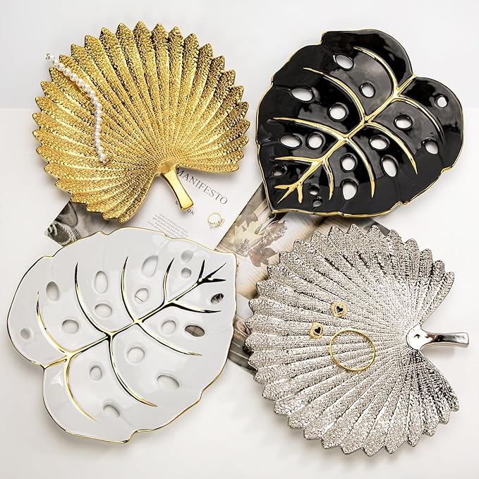 Ceramic Leaf Shaped Decorative Tray, White Gold Monstera Leaf Plate 12.6"x11" for Jewelry, Keys, Snack, Candle Holder, Modern Table Centerpiece Home Decor