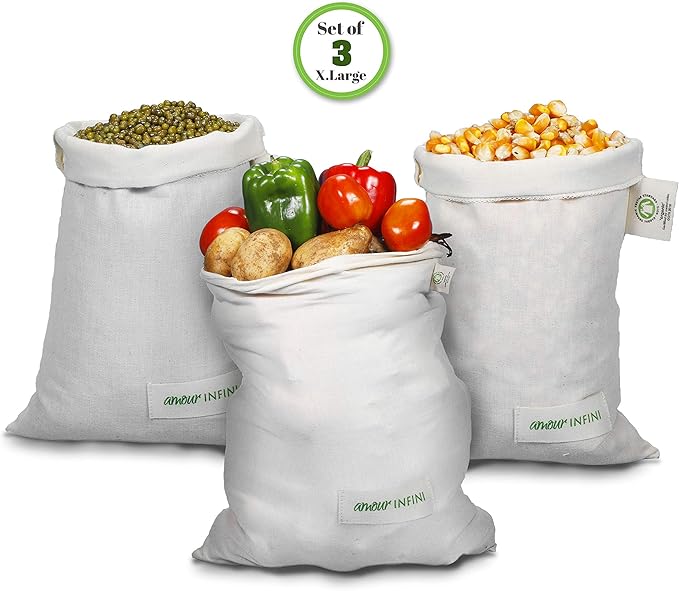 AMOUR INFINI Grocery Bags - Reusable Organic Cotton Food Safe Washable Produce Bags with Drawstrings - Set of 3 (Extra Large) Muslin Bags for Shopping, Vegetables & Fruits Shopping Bag