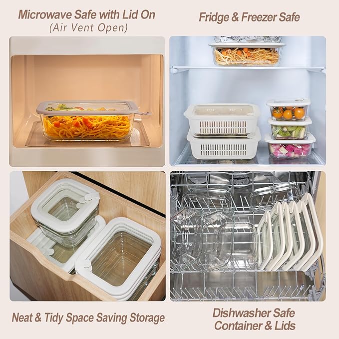 Urban Green Glass Food Storage Containers with Glass Lids, Microwave Safe Food Container Set, Aitight Meal Prep Container Set, BPA Free Colander, LeakProof, 2 Pack