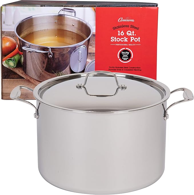 Camerons 16 Quart Stock Pot with Lid - Tri-ply 18/10 Professional Grade Induction Ready Stainless Steel Sauce Pot w/Handles - Stick Resistant Interior- Great for Cooking Christmas Dinner & Xmas Gift