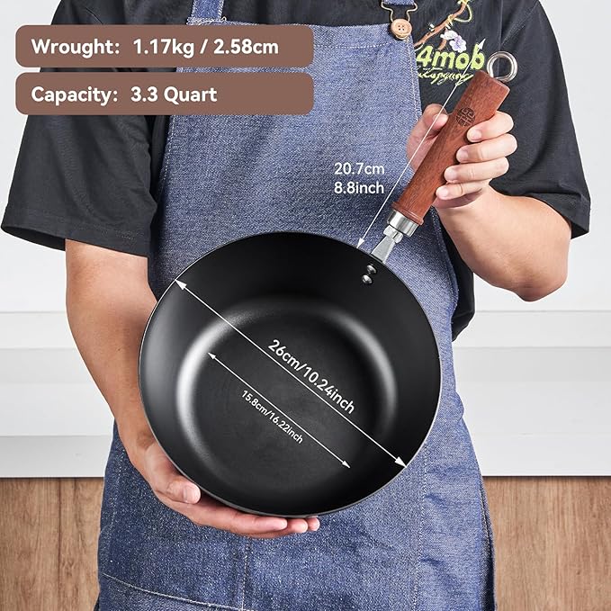WANGYUANJI 10.24 Inch Iron Wok with Glass Lid, Flat Bottom Uncoated Wrought Iron Stir-Fry Pan, Deep Lightweight Wok Skillet with Wooden Handle for Gas, Electric & Induction Cooktops