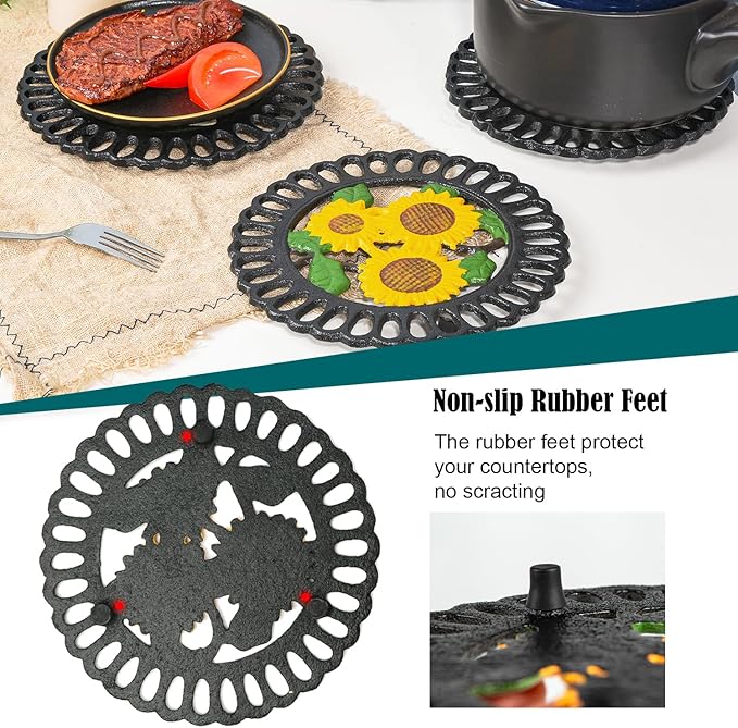 Sungmor Heavy Duty Cast Iron Trivet,Decorative Painting Trivet for Kitchen or Dinning Table,7.5x7.5 Inch - Round with Vintage Lovely Sunflower Pattern
