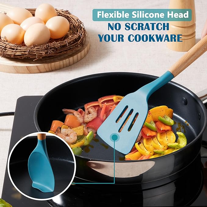 E-far Blue Cooking Utensils Set with Holder, 25-Piece Silicone Kitchen Utensil Set with Wooden Handle for Nonstick Cookware, 446°F Heat Resistant Kitchen Tool Spatula Tongs Whisk, Non-toxic & Healthy