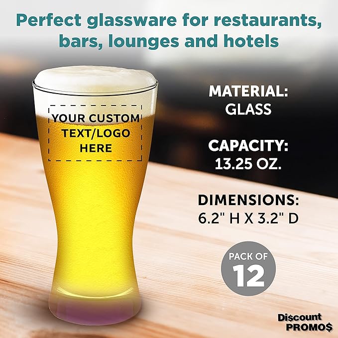 Custom Pilsner Glasses 13.25 oz. Set of 12, Personalized Bulk Pack - Made in the USA, Perfect for Hotels, Restaurants, Bars and Even Party Favors - Purple