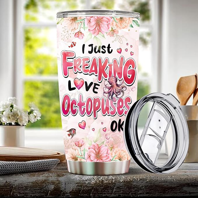 Octopus Tumbler 20oz Cute Animal Gift for Women, Girls Who Freaking Love Octopuses Lovers Flower Perfect Birthday Christmas Valentine Wife Daughter Insulated Stainless Steel Coffee Cup with Lid