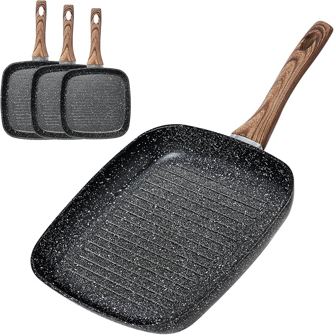 Nonstick Grill Pan Set – 3 Pieces Square Griddle Pans with Wooden Handle, Compatible with All Stovetops, Perfect for Steak, BBQ, Vegetables (9.5", 10.2", 11") Dark Black