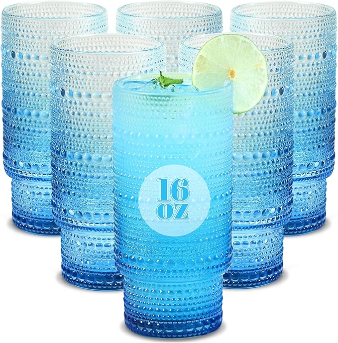 6pcs Hobnail Drinking Glasses Set, 16 oz Vintage Glassware Drinking Glasses, Gradual Blue Water Glasses Tumbler, Cups for Kitchen, Juice, Beer, Cocktail, Whiskey