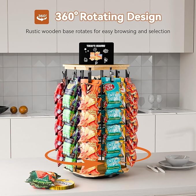Chip Rack Display Stand, 5 Tiers 40 Clips Snack Organizer, 360°Rotating Wooden Base Chip Display Rack for Concession Stand, Countertop, Snack Stand, Party, With Message Board