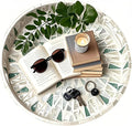 I-LAN 16 Inch Large Round Beige Green Mother of Pearl Severing Tray with Handle and 2”Side, Lacquer Wooden Shell Decor Platter, Gorgeous Inlay Nacre Ottoman Tray for Food, Breakfast, Coffee Table, L