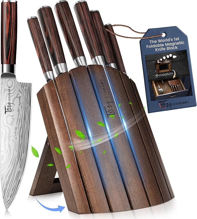 Knife Set 7 Piece Japanese Style Kitchen Knife Set With Foldable Magnetic Acacia Wood Block Sharp High Carbon Stainless Steel Knives Set for Kitchen with Anti-slip Handle, Christmas Gift