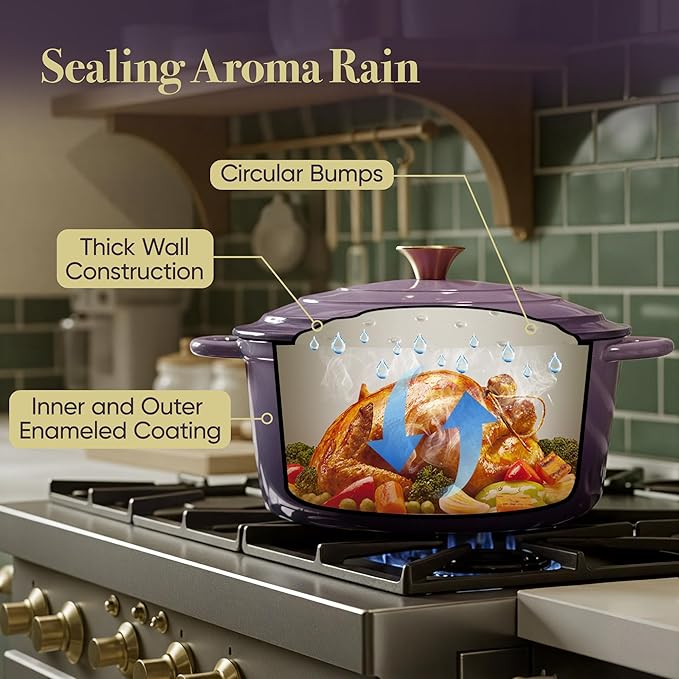 6 Quart Dutch Oven Pot with Lid, Non Stick Enameled Cast Iron Dutch Oven for Bread Baking, Heavy-Duty, Oven Safe Ceramic Cookware Up to 500°F for Baking, Braising, Stews, Roasting, Purple