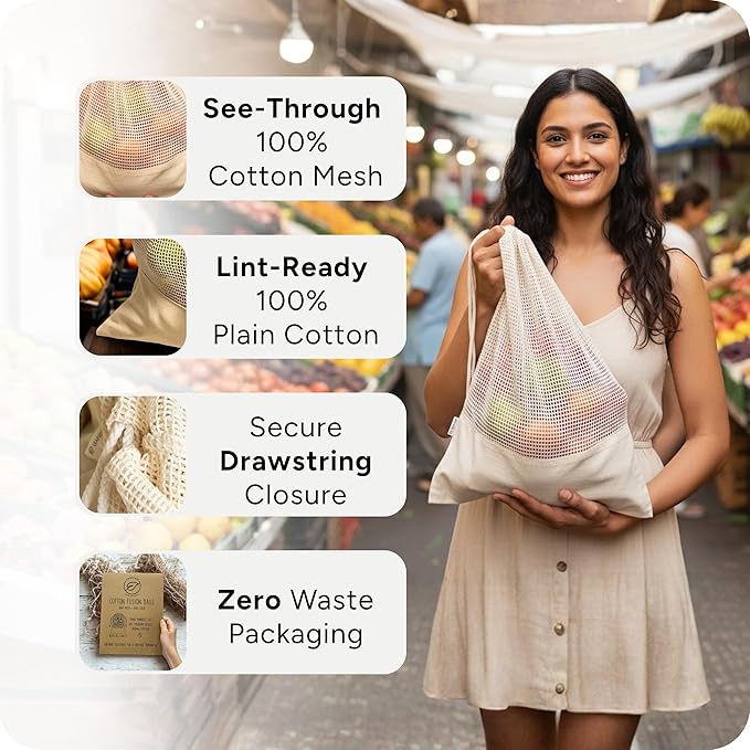 LEAFICO Reusable Produce Bags – 100% Cotton Mesh & Solid Hybrid (Mixed Sizes 8 Pcs – S/M/L/XL) – Multi-Use Grocery & Storage Bags for Fruit, Vegetables, Toys, Clothes, Travel – Washable, Zero Waste