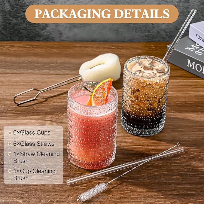 Vintage Glassware Drinking Glasses Set of 6,15 oz Hobnail Glass Cups,Embossed Clear Water Tumbler,for Beer,Cocktail,Whiskey,Juice and Various Mixed Drinks- 1 Cleaning Brush