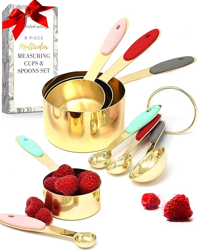 Gold Measuring Cups and Spoons Set - 8PC Stackable, Sturdy Measuring Set - Cute Gold Kitchen Utensils & Accessories for Baking & Cooking