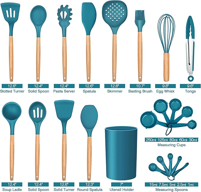 LIANYU 38 Pcs Kitchen Cooking Utensils Set with Holder, Heat Resistant Silicone Kitchen Utensil Spatula Set, Kitchen Gadgets Tools Set for nonstick Cookware Set, Wooden Handle, Blue