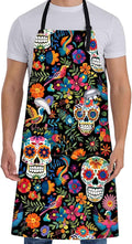 Gothic Apron for Women with Sugar Skull and Floral,28x33in,Goth Kitchen Aprons with 2 Pockets, Oxford Fabric,Halloween Adjustable Apron for Cooking Baking Gardening Chef,Gifts for Mom Wife