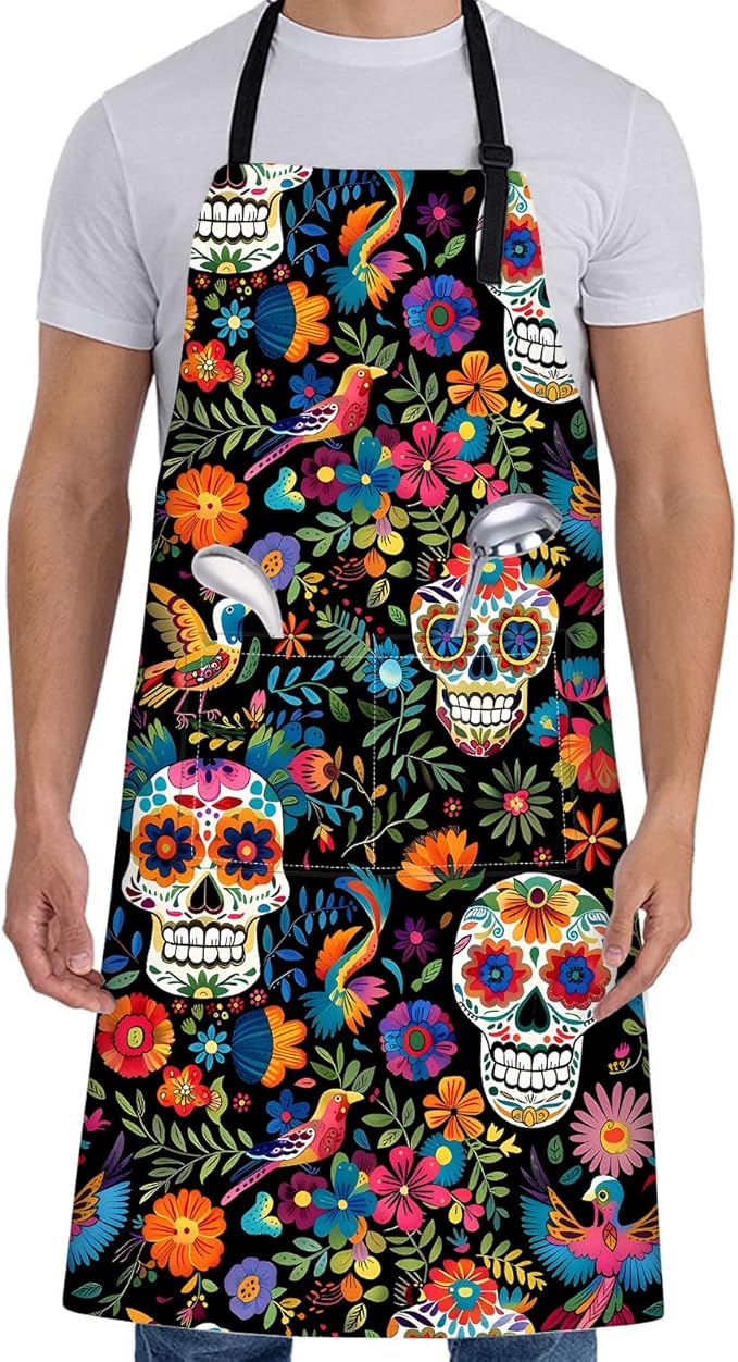 Gothic Apron for Women with Sugar Skull and Floral,28x33in,Goth Kitchen Aprons with 2 Pockets, Oxford Fabric,Halloween Adjustable Apron for Cooking Baking Gardening Chef,Gifts for Mom Wife