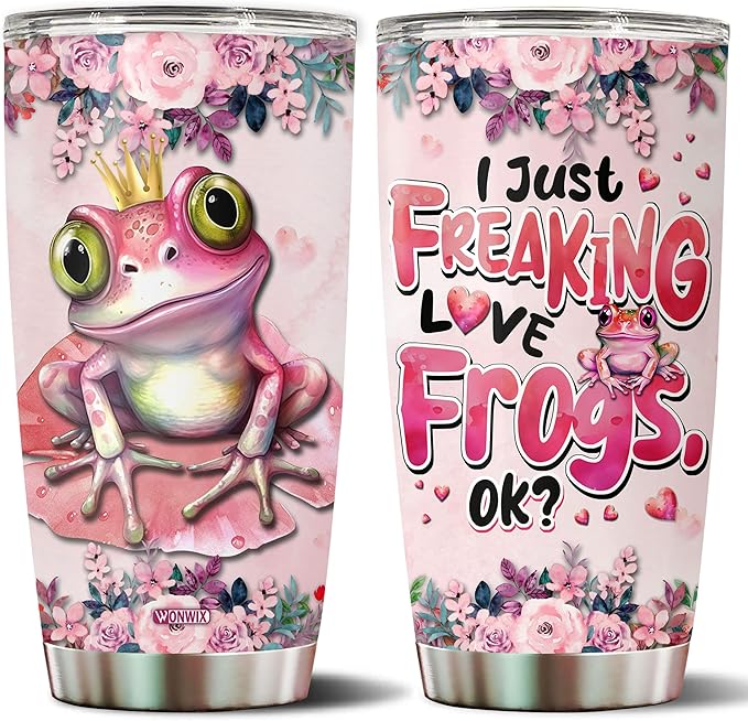 Frog Tumbler 20oz Cute Animal Gift for Women, Girls Who Freaking Love Frogs Lovers Funny Crown Perfect Birthday Christmas Valentine Wife Daughter Insulated Stainless Steel Coffee Cup with Lid