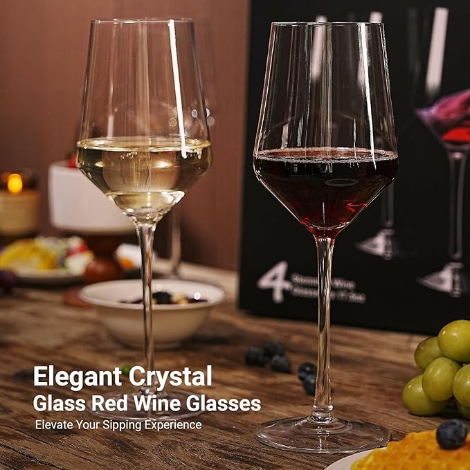 MICHLEY Long Stem Crystal Wine Glasses Set of 4-17.6 oz Lead-Free Crystal Glassware for Red & White Wine,Elegant Drinking Cups for Weddings, Parties, Gifts