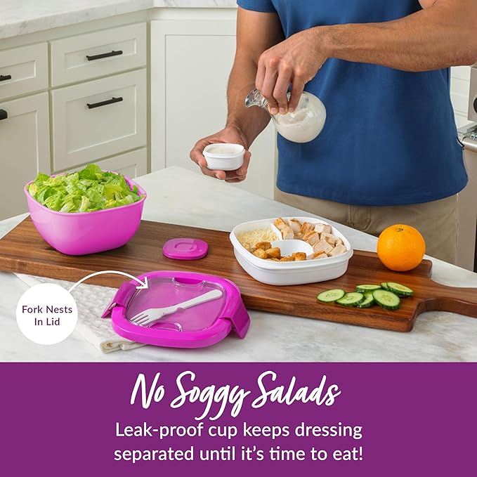 Bentgo Salad Container - 54 oz Bowl with 4-Compartment Toppings Tray, Leak-Proof Dressing Container, Reusable Fork, BPA-Free Lunch Box for Meal Prep & Food Storage; Removable Bento Tray (Purple)