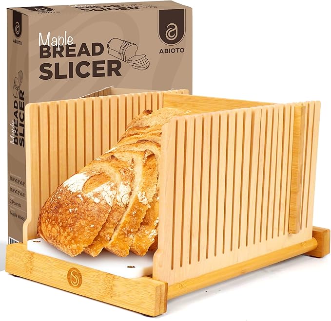 Bread Slicer for Homemade Bread - No Splinter with HDPE Base & Maple Finger - 4 Different Thicknesses for Uniform & Consistent Slices - Foldable Bread Cutter with Optimal Knife Grooves
